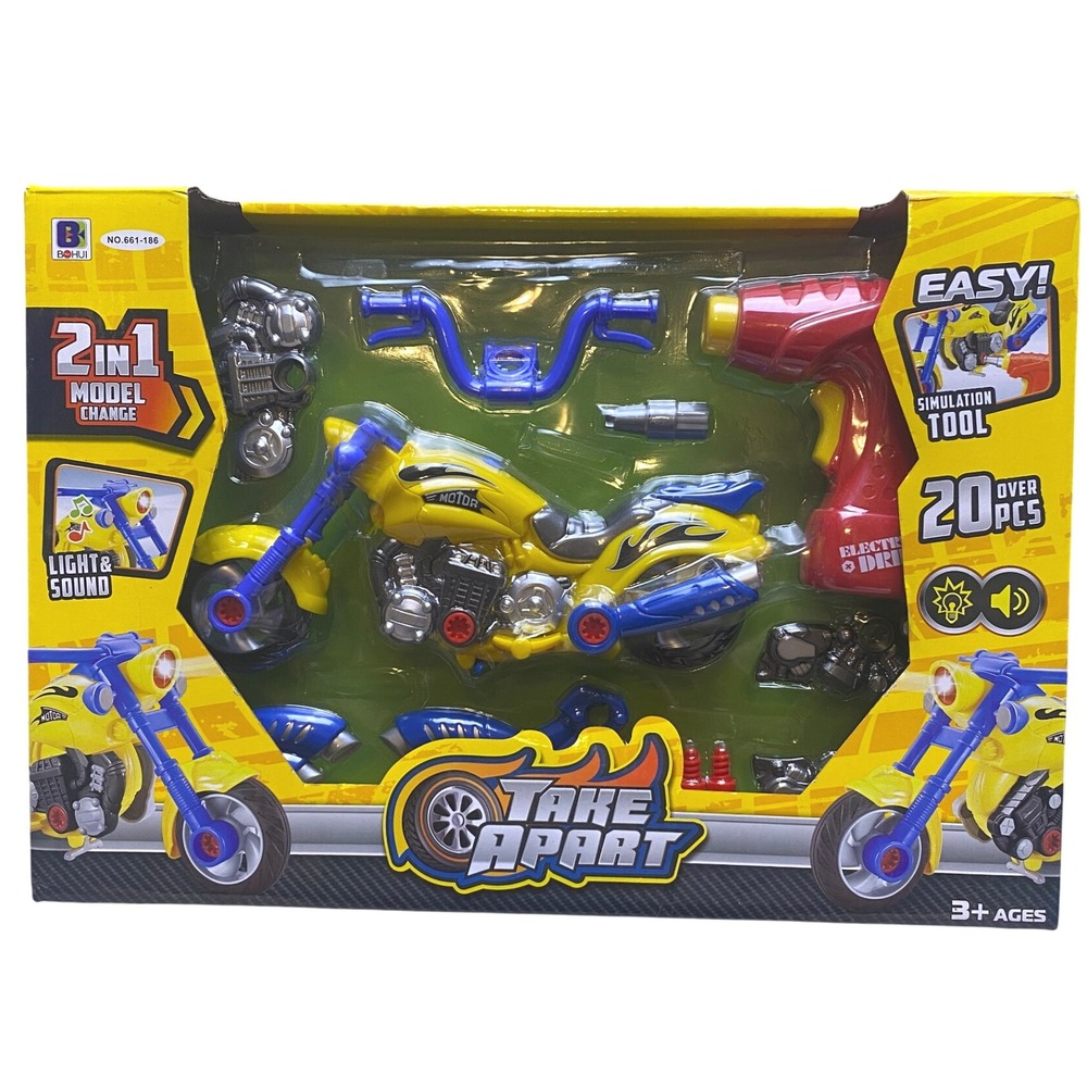 Take Apart Motorcycle Toy Drill 2 in 1 Model Change Lights‎ Sounds 20 Pieces